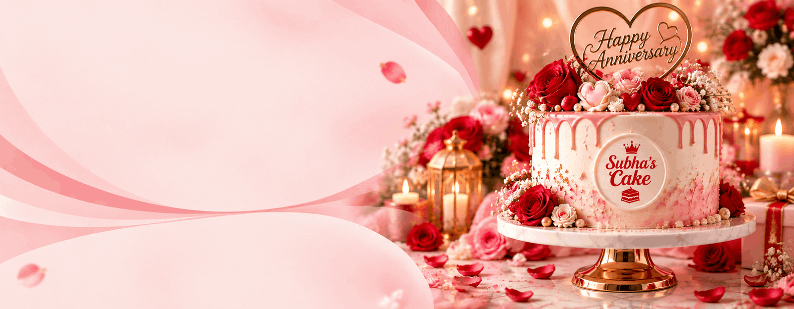 Elegant anniversary cake decorated with a red ribbon and gold accents