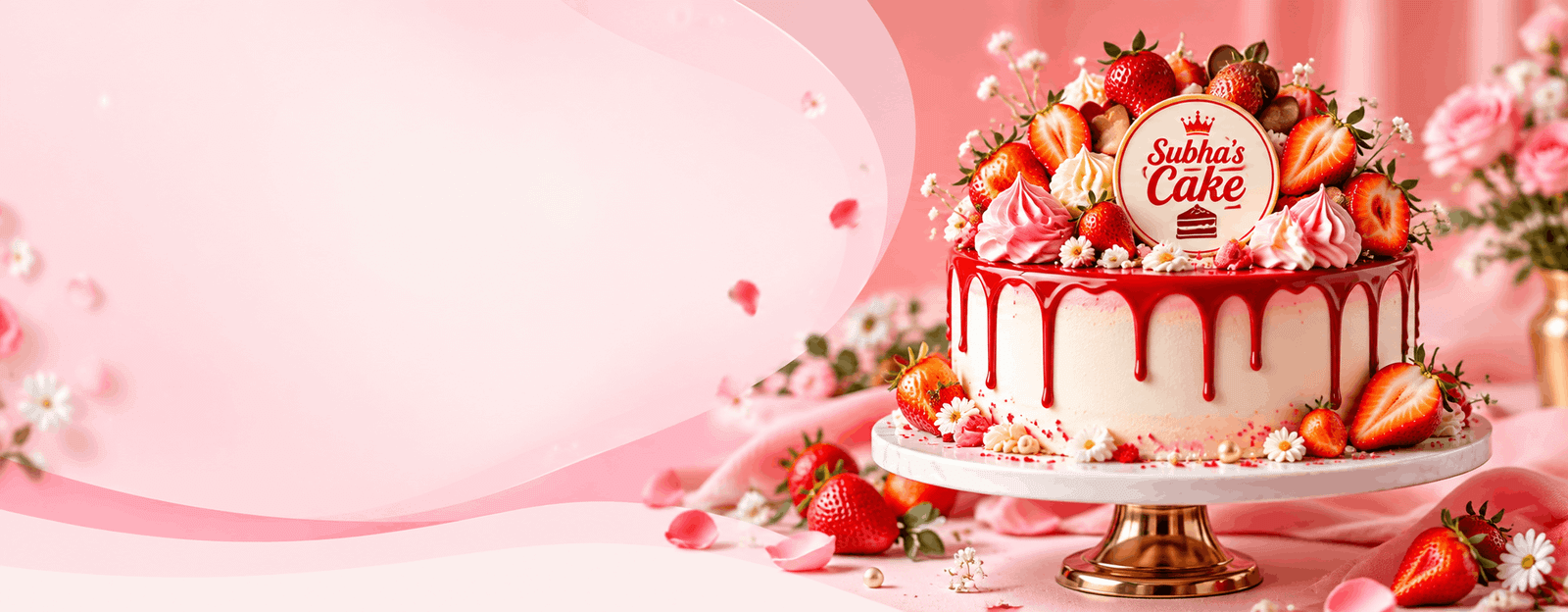 Strawberry drip cake topped with fresh strawberries and chocolate hearts on a marble stand